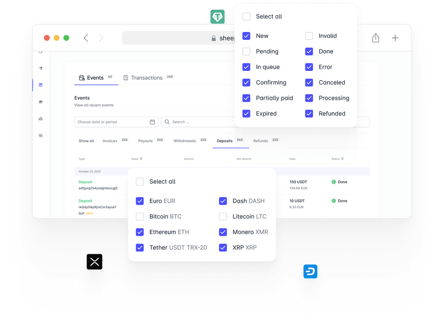 Sheepy crypto deposit addresses dashboard