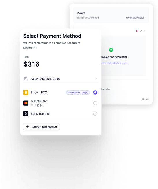 Sheepy crypto payment method selection inside a Shopify checkout