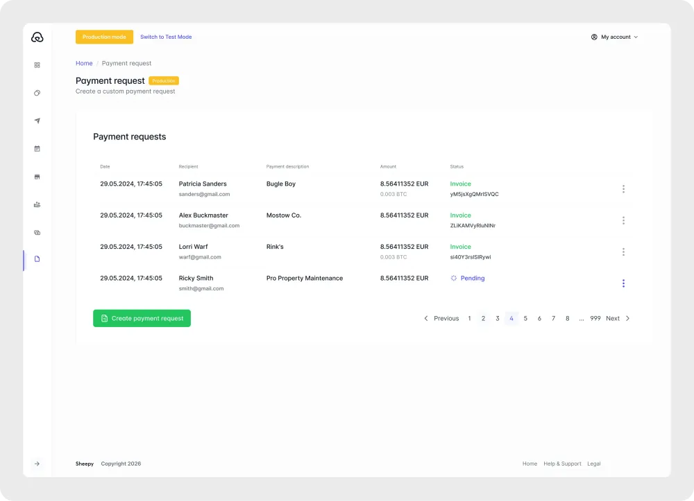 A payment request is a manually created crypto invoice that can be generated directly from the Sheepy dashboard.