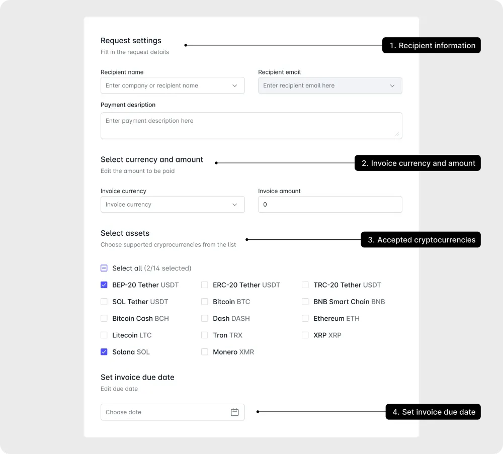 Customers can pay using supported cryptocurrencies, while merchants can track payments and manage invoice statuses.